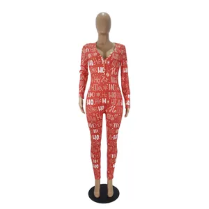 Full-length Christmas printed jumpsuit featuring deep V-neck and HO HO HO pattern.