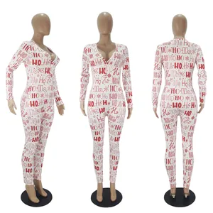 Detailed 3-angle view of Christmas themed HO HO HO print home jumpsuit on mannequins