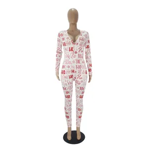 Detailed view of Christmas Ho Ho Ho print on white long sleeve jumpsuit