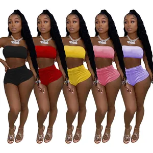 Damen Sexy Samt Zweiteiler Trägerloses Tube-Top Und High Waist Shorts Einfarbig Slim Fit Clubwear Sommer Outfit Top And Bottom