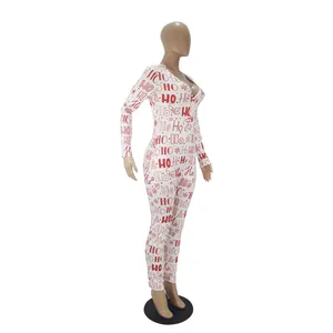 Side view profile of a Christmas themed jumpsuit with festive red Ho Ho Ho patterns