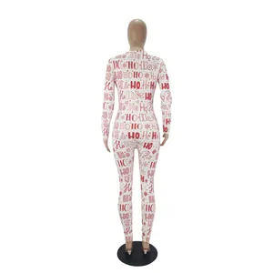 Back view of women's Christmas HO HO HO print long sleeve one-piece bodysuit jumpsuit