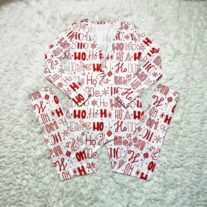 Festive women's Christmas loungewear jumpsuit with red Ho Ho Ho and snowflake prints
