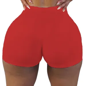 Vue arrière de shorts de yoga rouges sexy à taille haute pour femmes, coupe moulante