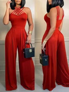 Eleganter sexy roter Jumpsuit mit weitem Bein und überkreuztem Trägerdesign für Frauen