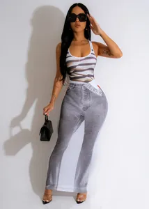 Sleeveless U-neck maxi dress with realistic trompe l'oeil denim pants print