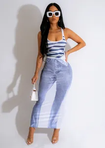 Full-body view of a sexy U-neck bodycon dress featuring a realistic denim jeans print.