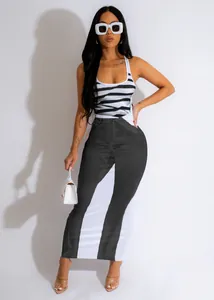 Stylish bodycon dress with unique denim print and striped U-neck tank top design.