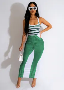 Sexy slim-fit U-neck tank dress with green denim-style print and striped bodice for women