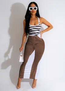 Sexy U-neck bodycon dress featuring a stylish denim print and striped vest top detail