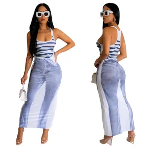Stylish sexy U-neck tank dress featuring creative denim print skirt and blue stripes
