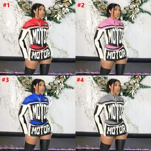 Ensemble Femme Style Motard Bloc de Couleur Top And Bottom Imprimé Lettres Graphique Veste à Manches Longues et Jupe