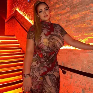 Detailed view of sexy sheer mesh jumpsuit with oriental dragon and koi fish prints