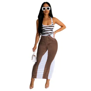 Sexy sleeveless U-neck dress featuring a striped tank top and a denim print maxi skirt