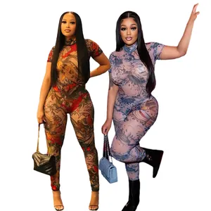 Detailed view of two sexy sheer mesh jumpsuits with vintage Oriental fish pattern prints