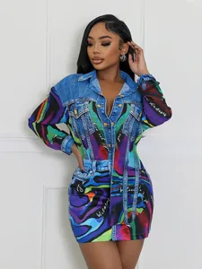 Model wearing a vibrant denim-print shirt and mini skirt set with abstract patterns