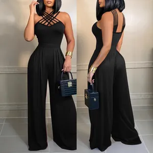 Eleganter schwarzer Damen-Jumpsuit mit weitem Bein und überkreuzten Neckholder-Trägern