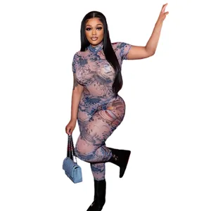 Close-up of sexy mesh jumpsuit featuring intricate oriental dragon and koi fish print