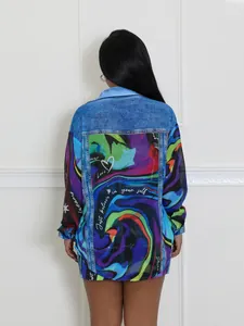 Back view of colorful artistic print denim style long sleeve shirt and skirt set