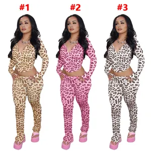 Autumn fashion leopard print two-piece sets for women with zip tops and long pants.