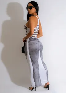 Sexy bodycon tank top maxi dress featuring a realistic denim print and stylish U-neck detail