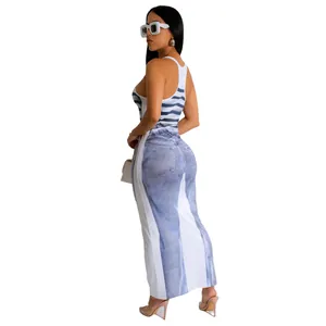 Back view of sexy bodycon maxi dress with realistic denim jeans print design