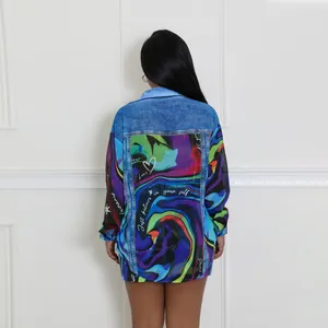 Women's trendy printed denim shirt and bodycon mini skirt two-piece set back view