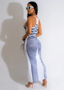 Fashionable slim fit U-neck maxi dress with creative denim print and striped sleeveless top.