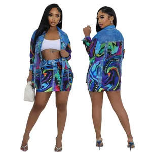 Fashionable two-piece set with vibrant denim print shirt and matching mini skirt