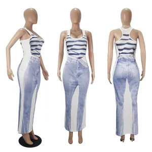 Women sleeveless maxi dress featuring a realistic 3D denim and striped vest print design