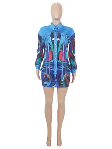 Front view display of the denim print shirt and mini skirt set on a mannequin model