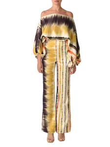 Elegant satin two-piece set with vibrant ikat print and off-the-shoulder design