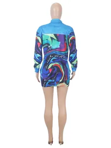 Back view of fashionable denim print long-sleeved shirt and bodycon mini skirt set