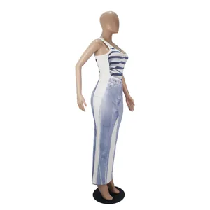 Side view of sleeveless U-neck maxi dress with striped and denim digital print