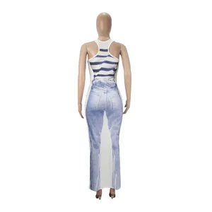 Back view of sexy bodycon maxi dress with realistic denim jeans print detail