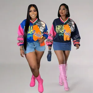 Sudadera color-block con cuello en V y estampados de letras grandes para mujer