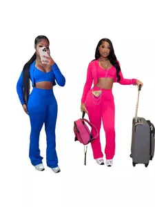 Set da Donna Sportivo Casual Tre Pezzi Lounge Wear Tinta Unita Slim Fit Cardigan in Maglia Canotta e Pantaloni a Zampa Top And Bottom Set