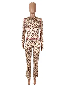 Close-up of leopard print hooded cardigan and pants set for women's autumn fashion
