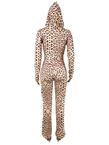 Back view of two-piece women's set with leopard print hoodie and matching long pants.