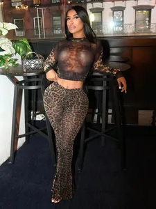 Sexy leopard print mesh two-piece set with long sleeve crop top and flared pants