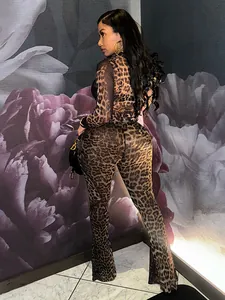 Detail of sexy leopard print high-waisted two-piece set worn by a fashion model.