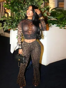 Sexy leopard print mesh two-piece set featuring long sleeve crop top and flared pants.