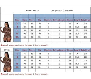 Detailed size chart for D9735 women's leopard print bodysuit from size S to XXL