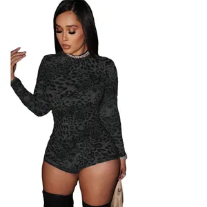 Sexy leopard print long sleeve bodysuit with slim fit and elegant high neck design