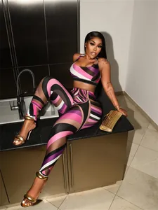 Sexy multicolor striped two-piece set featuring cropped tank top and high-waist leggings
