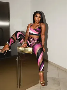 Fashionable sexy two-piece contrast swirl print vest and leggings set for women