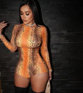 Close-up detail of sexy orange snake print long sleeve bodysuit with a mock neck design