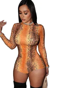Sexy women's orange snake print long sleeve bodycon bodysuit romper for clubwear