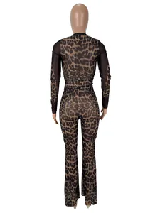 Rear view of a sexy leopard print long-sleeve crop top and high-waist flared pants set.