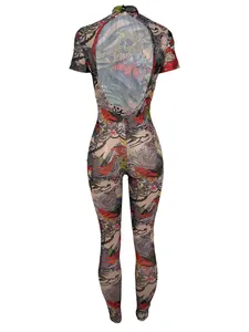 Back view of sexy sheer mesh jumpsuit with oriental dragon and floral prints